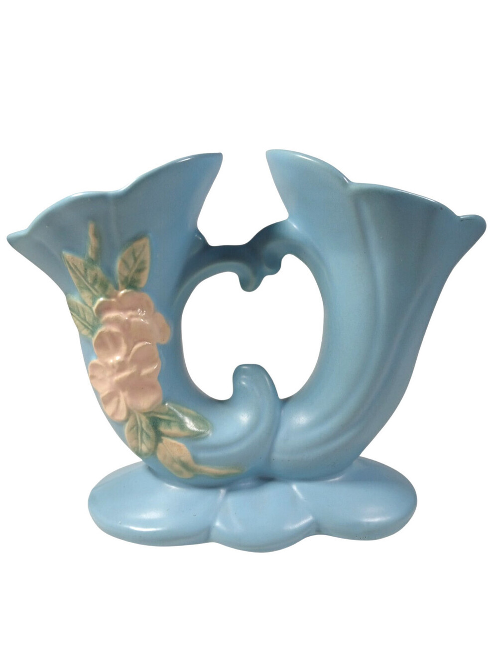 Vtg WELLER Art Pottery Blue Double Cornucopia Pink Floral Blossom 1930's Vase